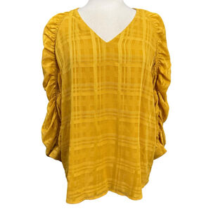 Calvin Klein Yellow Blouse with Ruched Sleeves Size XL